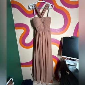 Azazie Strapless Tan Maxi Dress